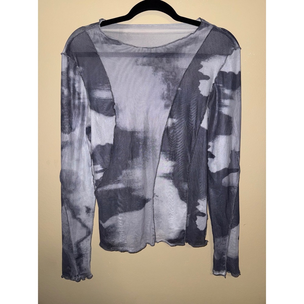 Grey White Grunge Abstract Tie Dye Mesh Long Sleeve Lettuce Edge Top L Layering